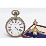 TWO ITEMS to include a Goliath metal M. M & Co pocket watch and a silver masonic medal, King