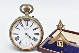 TWO ITEMS to include a Goliath metal M. M & Co pocket watch and a silver masonic medal, King