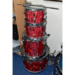 A 1962 ROGERS FOUR SHELL DRUM KIT, refinished in Gretsch Satin Flame covering comprising a 22inch