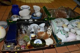 FOUR BOXES AND LOOSE CERAMICS AND GLASS, ETC, to include Royal Sutherland and Tuscan china tea