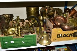 THREE BOXES AND LOOSE COPPER AND BRASS, ETC, to include brass candlesticks, claw bells, ornaments,
