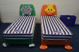 TWO SILENTNIGHT, MY FIRST BED SINGLE CHILDRENS BEDS, MATTRESS, HEADBOARD, one model hippo and the