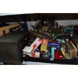 FIVE BOXES AND LOOSE COLLECTABLES, TEXTILES, SUNDRIES, etc, including a vintage four drawer chest, a