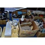 FIVE BOXES AND LOOSE, DOMESTIC WARES etc, to include saucepans, irons, teasmade, kettles,