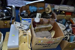 FIVE BOXES AND LOOSE, DOMESTIC WARES etc, to include saucepans, irons, teasmade, kettles,