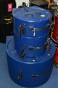 A SET OF THREE HARDCASE DRUM CASES IN BLUE, comprising of a 10 inch, a 12 inch, a 14 inch, a 22 inch