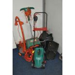 A BOSCH ROTAK 320 ER ELECTRIC LAWN MOWER and grass box together with a Flymo revolution 2500 multi-