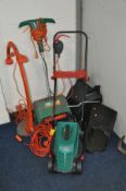 A BOSCH ROTAK 320 ER ELECTRIC LAWN MOWER and grass box together with a Flymo revolution 2500 multi-