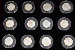A SET OF TWELVE INDIVIDUALLY CASED SILVER FIFTY PENCE COINS, to include a 1998 European Union