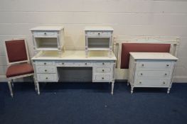 A REPRODUCTION FRENCH STYLE CREAM/GILT SIX PIECE BEDROOM SUITE, comprising a dressing table, width