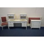 A REPRODUCTION FRENCH STYLE CREAM/GILT SIX PIECE BEDROOM SUITE, comprising a dressing table, width