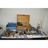 A WOODEN BOX, A BOX AND A TOOLBOX CONTAINING TOOLS AND VINTAGE ELECTRONIC PARTS including a Record