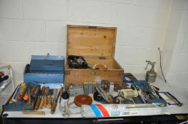 A WOODEN BOX, A BOX AND A TOOLBOX CONTAINING TOOLS AND VINTAGE ELECTRONIC PARTS including a Record