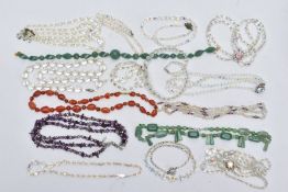 A BOX OF ASSORTED COSTUME JEWELLERY, to include a polished aventurine quartz beaded necklace