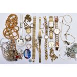 A SELECTION OF COSTUME JEWELLERY, WRISTWATCHES AND ITEMS, to include a variety of yellow and white