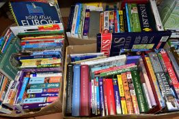 BOOKS, three boxes containing over eighty titles, subjects include travel guides, maps, atlases, UK,