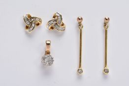 TWO PAIRS OF DIAMOND EARRINGS AND A DIAMOND PENDANT, to include a pair of yellow metal earrings each