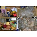 FOUR BOXES OF GLASSWARE, CERAMICS etc, mostly press moulded, includes some coloured Victorian items,