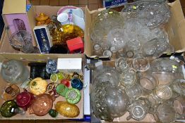 FOUR BOXES OF GLASSWARE, CERAMICS etc, mostly press moulded, includes some coloured Victorian items,