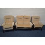 A CREAM UPHOLSTERED AND WOODEN FRAMED THREE PIECE SUITE, comprising a two seater settee, manual