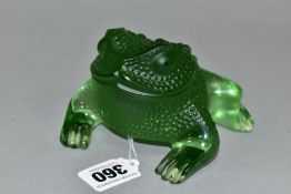 A LALIQUE GREEN GLASS SCULPTURE 'GREGOIRE TOAD', frosted and clear finish, etched mark to belly