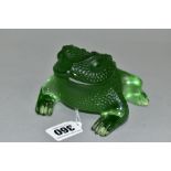 A LALIQUE GREEN GLASS SCULPTURE 'GREGOIRE TOAD', frosted and clear finish, etched mark to belly