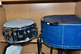 A VINTAGE SLINGERLAND 12 LUG 14 INCH X 6½INCH CHROMED LAMINATED WOOD SNARE DRUM, with a Ludwig fibre