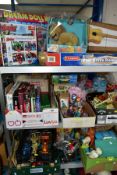 A QUANTITY OF BOXED AND LOOSE TOYS AND GAMES, including reproduction tin plate clockwork models,