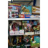 A QUANTITY OF BOXED AND LOOSE TOYS AND GAMES, including reproduction tin plate clockwork models,