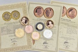 SIX ENCAPSULATED COINS to include Sir Winston Churchill bronze and rose gold layered also accented