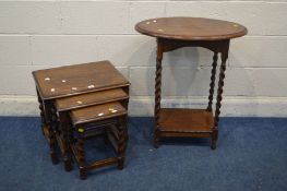 AN OAK BARLEY TWIST NEST OF THREE TABLES, largest table width 51cm x depth 40cm x height 46cm and an