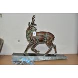 AN ART DECO PATINATED SPELTER STAG, one antler detached, (the other with repair and s.d) mounted