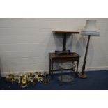 A VICTORIAN MAHOGANY RECTANGUALAR TABLE (Sd and losses) an oak standard lamp with a fabric shade,