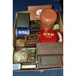 A BOX OF TIN BOXES etc, to include Dunlop No 2 motor tyre repair outfit, Oxo Cubes, High Speed