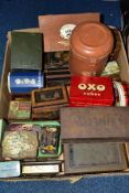 A BOX OF TIN BOXES etc, to include Dunlop No 2 motor tyre repair outfit, Oxo Cubes, High Speed