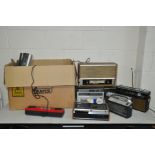 A BOX CONTAINING VINTAGE RADIOS AND VIDEO RECORDERS including an Ekco U362, a Grundig RF111UK a Sony