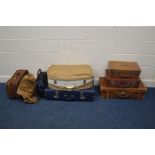 THREE VINTAGE LEATHER GRADUATED SUITCASES (Sd) two other suitcases and four various canvas/leather