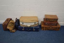 THREE VINTAGE LEATHER GRADUATED SUITCASES (Sd) two other suitcases and four various canvas/leather