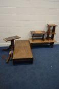 A DISTRESSED GEORGIAN MAHOGANY PEMBROOKE PEDESTAL TABLE, along with a beech coffee table and two