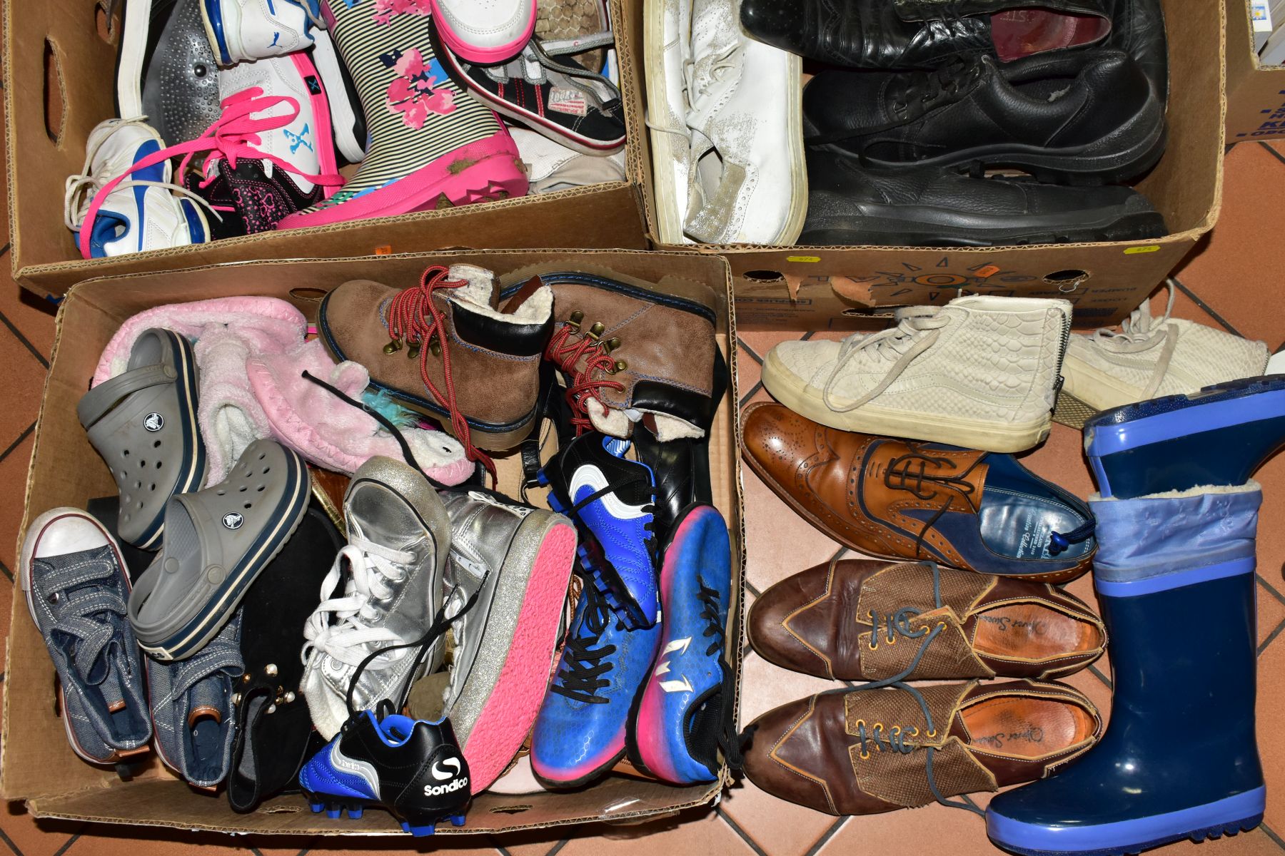 THREE BOXES OF USED SHOES to include two boxes of children shoes, various sizes 10, 11, 13, 1 etc