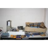 TWO TRAYS CONTAINING ELECTRONIC TEST EQUIPMENT and tools including a mitre saw, corner clamps, a