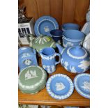 A SMALL COLLECTION OF WEDGWOOD JASPERWARE, comprising in light blue, two circular pin dishes, a