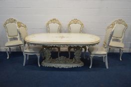 A SILIK BAROQUE STYLE ITALIAN DINING TABLE, rounded ends, crackle finish, gold trim and painted