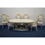 A SILIK BAROQUE STYLE ITALIAN DINING TABLE, rounded ends, crackle finish, gold trim and painted