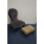 A DISTRESSED VICTORIAN MAHOGANY SPOONBACK CHAIR together with a needlework footstall (2)
