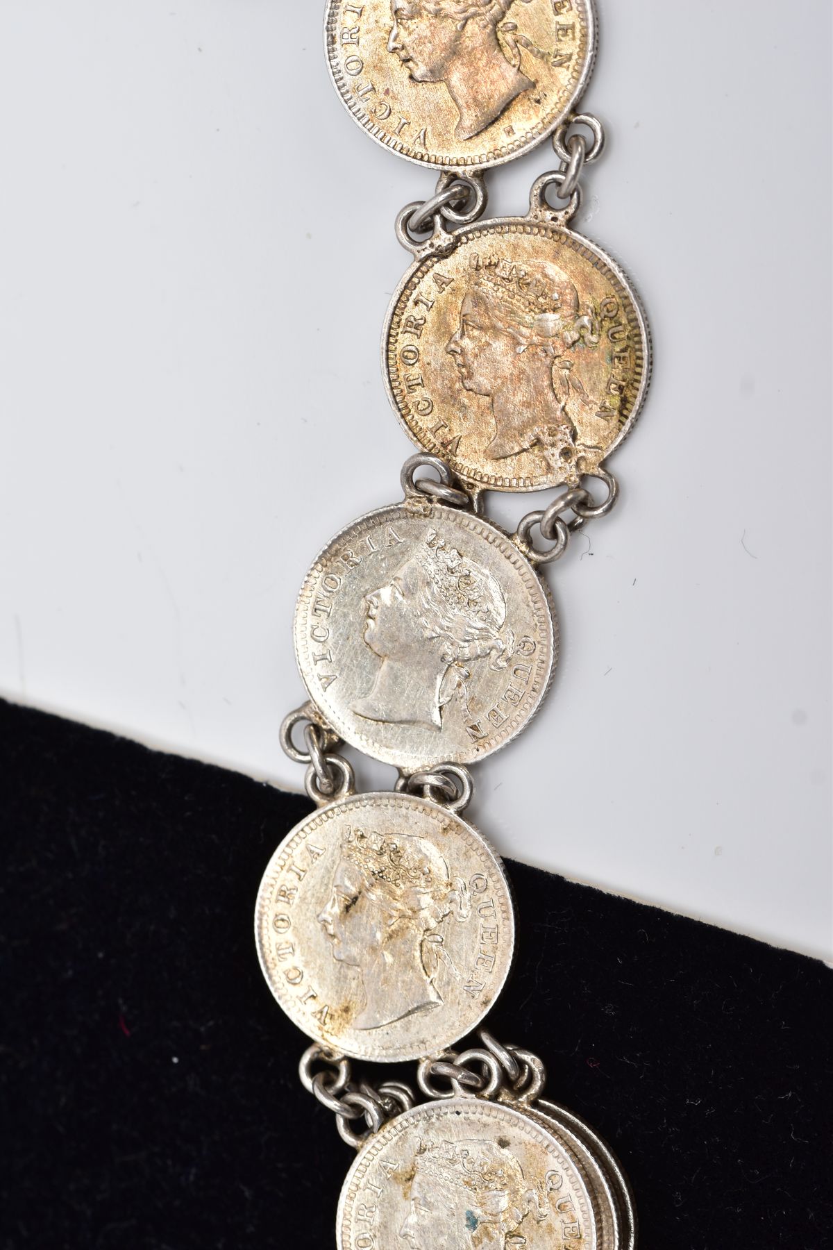 A WHITE METAL COIN NECKLET, made from Queen Victoria Hong Kong five cent coins dating between 1888 - - Image 8 of 8