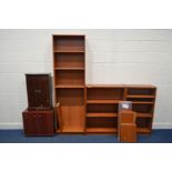 THREE MODERN CHERRYWOOD FINISH OPEN BOOKCASES, along with a mahogany two video cabinets (5)