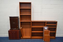 THREE MODERN CHERRYWOOD FINISH OPEN BOOKCASES, along with a mahogany two video cabinets (5)