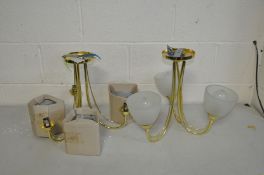 TWO BRASSED CENTRE LIGHTS with three tulip shaped glass shades to each (1)