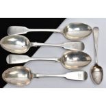 THREE VICTORIAN SILVER FIDDLE PATTERN TABLE SPOONS, engraved to the handle 'GEC', hallmarked